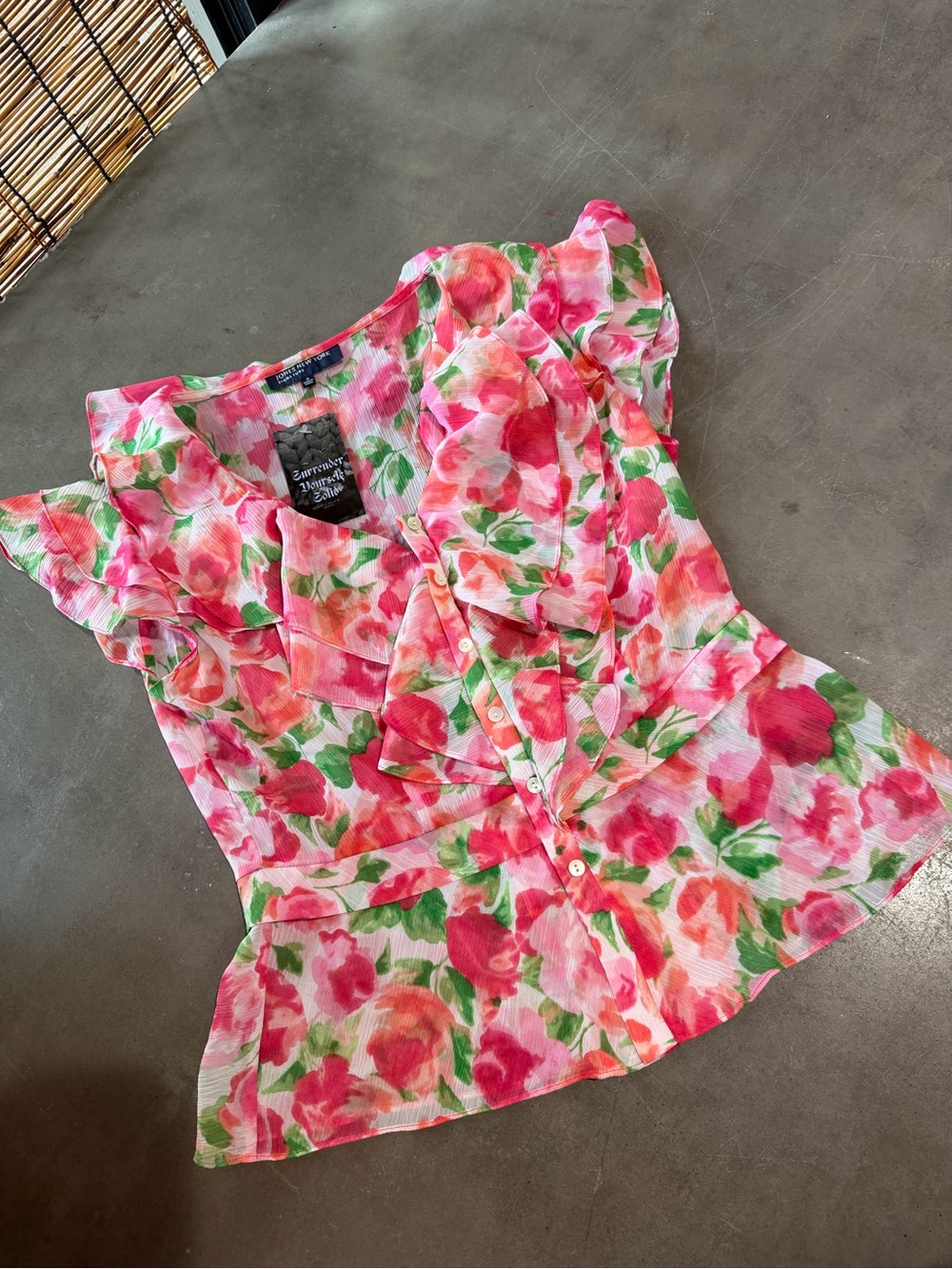 St. John Collection Pink & Green Floral Ruffle Button-Front Blouse